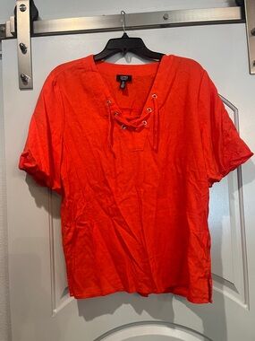Jones New York Bright Orange Lace-Up V-Neck linen blouse. So chic!